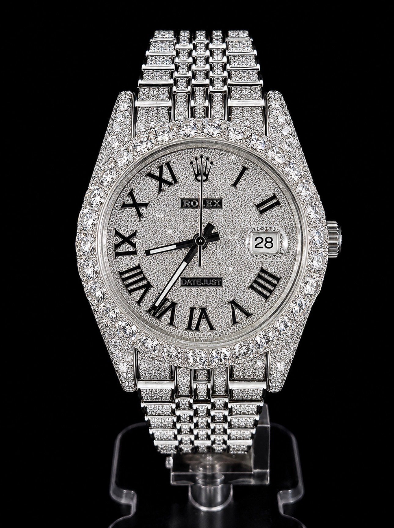 Date Just 41 Full Iced Roman Silver